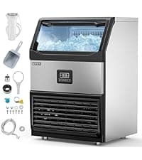 ROVSUN 110LBS/24H Commercial Ice Maker Machine with 50lbs Storage Bin, Freestanding/Countertop Ice Machine with 2 Water Inlets, Ice Scoop & Water Filter for Home Office Restaurant Bar Cafe Use