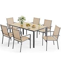 Ahomly Patio Table and Chairs Set for 6, Outdoor Dining Set Includes 59.5" Rectangle Patio Table with Side Umbrella Hole and 6 Textilene Fabric Patio Chairs for Backyard, Courtyard, Poolside, Brown