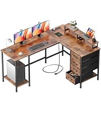 Korfile 59 inch L Shaped Computer Desk with Power Outlets, Home Office Desk with 4 Adjustable Storage Drawers & 2 Monitor Stands, Two Person Gaming Table for Bedroom, Black