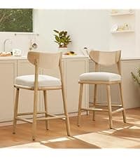 Watson & Whitely Mid Century Modern Barstools Set of 2, 26" H Upholstered Counter Height Bar Stools with Wood Armrests and Metal Legs, Fabric in Beige