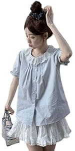 LREUIP Chic Korean Style Academy Style, Contrasting Navy Collar, Versatile Bubble Sleeve Shirt, Loose top, Elegant Goddess