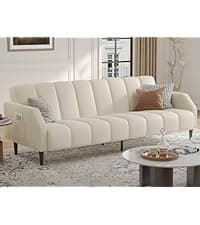 Fadware Faux Leather Couch, Convertible Futon Sofa Bed with Adjustable Backrest, Mid Century Leather Sofa Loveseat with Side Pockets& Metal Leg, Modern Leather Sleeper Sofa for Living Room Bedroom