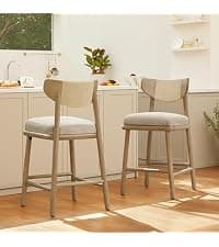 Watson & Whitely Mid Century Modern Barstools Set of 2, 26" H Upholstered Counter Height Bar Stools with Wood Armrests and Metal Legs, Fabric in Beige