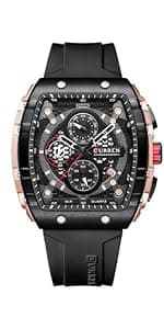 PASOY Luxury Chronograph Watches for Mens Rubber Strap Black Waterproof Date Analog Quartz Watch