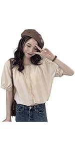 LREUIP Chic Korean Style Academy Style, Contrasting Navy Collar, Versatile Bubble Sleeve Shirt, Loose top, Elegant Goddess