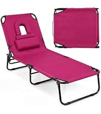 GYMAX Tanning Chair, 330lbs Beach Lounge Chair with Face Hole, Washable Pillow & Carry Strap, Adjustable Folding Chaise Lounge, Layout Lounger for Outside, Patio, Poolside, Lawn (1, Blue)