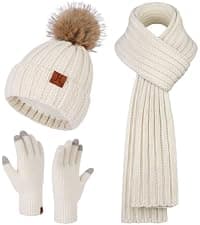 Womens Winter Warm Knit Beanie Hat Touchscreen Gloves Long Neck Scarf Set with Fleece Lined Skull Caps Gifts for Women