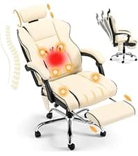 HOMREST 6-Point Massage Executive Chair,Heat Office Chair,Ergonomic Home Office Desk Chairs with Retractable Footrest and Reclining Function,Leather Computer Chair with Adjustable Armrest(‌Off White)