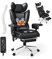 Massage Office Chair with Foot Rest, Ergonomic Executive Heated Office Chair with Reclining Backrest, Adjustable Arms and Lumbar Support, High Back Leather Desk Chairs for Home Office, Black