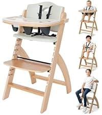 Abiie Beyond Junior Wooden High Chair for Babies and Toddlers - Convertible 3-in-1 Baby Highchair with Removable Tray - 6 Months to 250 Lb - Water Resistant - Natural Wood/Dove Grey Cushion