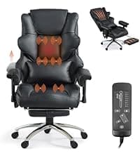 Massage Office Chair with Foot Rest, Ergonomic Executive Heated Office Chair with Reclining Backrest, Adjustable Arms and Lumbar Support, High Back Leather Desk Chairs for Home Office, Black