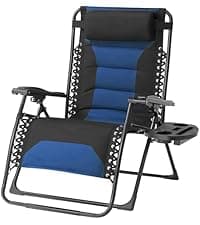Zero Gravity Chair Oversized Padded Recliner with Adjustable Headrest & Cup Holder - 600D Oxford Folding Lounge Chair for Outdoor Camping, Patio, Poolside (Brown & Blue)