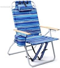 3-in-1 Beach Chair Face Holes, Lounge Chair Outdoor with Folding Side Table, 5-Position Recliner, Lay Flat, Removable Pillow, Heavy Duty, Max 330lbs, Poolside, Patio, Camping, Backyard Striped Blue