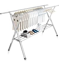 JAUREE 95 Inches Clothes Drying Rack, Drying Rack Clothing Folding Indoor Outdoor, Heavy Duty Stainless Steel Laundry Rack, Foldable Portable Large Clothes Rack Garment Rack with 20 Windproof Hooks