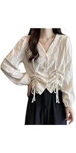 UICIOP Korean Version of Women's Shirt, Women's Sweet Round Neck Pleated Small lace top, Women's Long Sleeved Shirt top