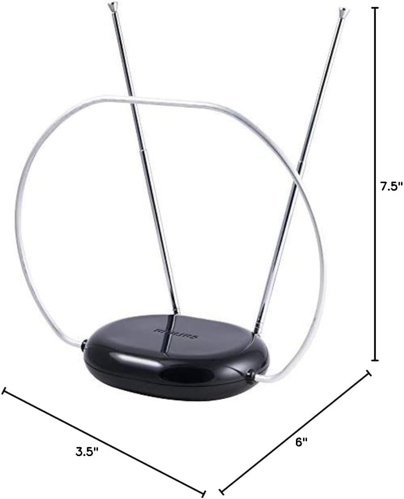 Philips Rabbit Ears Black Indoor TV Antenna, Dipoles and Circular Loop, Tabletop, Digital, Smart TV Compatible, HDTV, 4K 1080P VHF UHF, 5Ft Coaxial Cable, SDV8201B/27