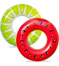 90shine 7PCS Fruit Pool Floats: Watermelon Kiwi Orange Lemon Swimming Rings with 13.5" Beach Balls - Inflatable Tubes Floaties Toys for Kids Adults