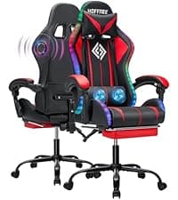 RGB Gaming Chair with Bluetooth Speakers and LED Lights Ergonomic Massage Computer Game Chair with Footrest High Back Music Video Game Chair with Lumbar Support Red and Black