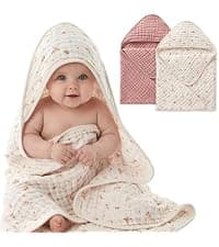 Blissful Diary Muslin Baby Hooded Towel 2 Pack, Soft & Absorbent Bath Towel for Infant, Toddler, Unisex, Baby Gift, Newborn Essentials, Bear & Lamb B0FQ9ZT37D