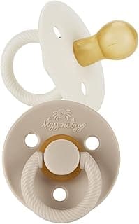 Itzy Ritzy Natural Rubber Newborn Pacifiers (Set of 2) – Baby Pacifiers with Cherry-Shaped Nipple & Large Air Holes for Added Safety; Set of 2 Binkies in Coconut & Toast (Ages 0 – 6 Months)