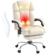 HOMREST 6-Point Massage Executive Chair,Heat Office Chair,Ergonomic Home Office Desk Chairs with Retractable Footrest and Reclining Function,Leather Computer Chair with Adjustable Armrest(‌Off White)
