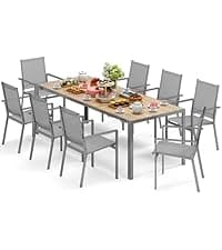 Ahomly Patio Table and Chairs Set for 6, Outdoor Dining Set Includes 59.5" Rectangle Patio Table with Side Umbrella Hole and 6 Textilene Fabric Patio Chairs for Backyard, Courtyard, Poolside, Brown