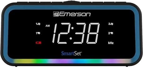 Emerson CKS1401 Smartset AM/FM Dual Alarm Clock Radio with 0.9” White LED Display with 4-Level Dimmer Control, USB-C Charging, and 2-Level Multi-Color LED Decor