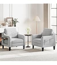 Accent Chair for Living Room Modern Linen Upholstered Armchair Side Wooden Fabric Sofa Chair with Foldable Table 2 Side Pockets Comfy Reading Chair for Bedroom