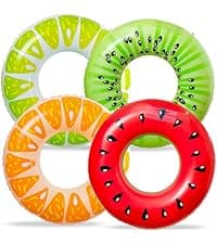 90shine 7PCS Fruit Pool Floats: Watermelon Kiwi Orange Lemon Swimming Rings with 13.5" Beach Balls - Inflatable Tubes Floaties Toys for Kids Adults