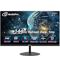 ArcticPro 24inch Computer Monitor, FHD 1080p, 144Hz Office and Gaming Monitor, IPS, Adaptive Sync, 110% sRGB, 1ms, 3-Sided Frameless, Ultra Slim, VESA Mountable, Anti-Blue Light Design, HDMI, DP