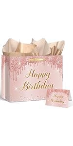 Yoirrat Rose Gold 60th Birthday Gift Bag for Women 60 & Fabulous Large Pink Happy 60th Birthday Gift Bag with Wrapping Paper and Card for 60th Bday Decorations Party Supplies