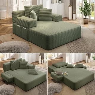 HRVEOCEI 60 Inch Oversized Chaise Lounge Chair Indoor, Corduroy Boneless Chaise with Armrests & Backrest /2 Pockets /3 Pillows, Lounge Sofa Bed for Adults Living Room (Green)