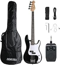 Full size 4strings electric bass guitar kit package black color with 5W portable plug and play amplifier travel amp set with strap gig bag bundle for beginner starter practice (BKPB-30)