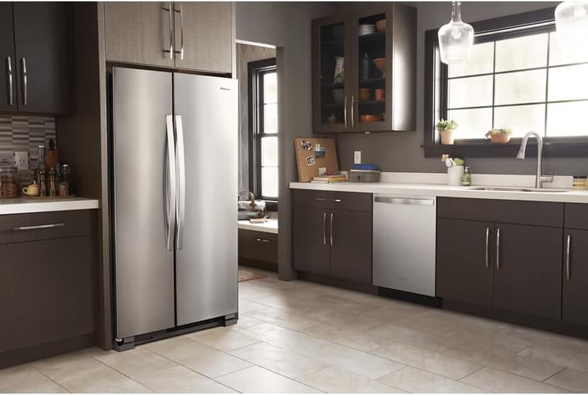 Whirlpool 33 Inch Freestanding Side by Side Refrigerator with 21.72 Cu. Ft. Total Capacity, Adjustable Gallon Door Bins, LED Interior Lighting, Hidden Hinges, Frameless Glass Shelves, Stainless Steel