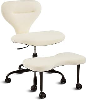 YFO Ergonomic Cross Legged Office Chair and ADHD Meditation Chair with Silent Wheels for Home Office Desk Chair and Yoga, Wider Backrest Support and Storage Pockets Design, PU Leather, Cream