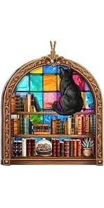 Book Lovers Gifts for Women, Book Ornament Faux Stained Glass Window Hanging, Bookish Gifts for Teacher, Librarian, Reader, Bookworm, Christmas Stocking Stuffer Tree Decorations (Floral Shelf)