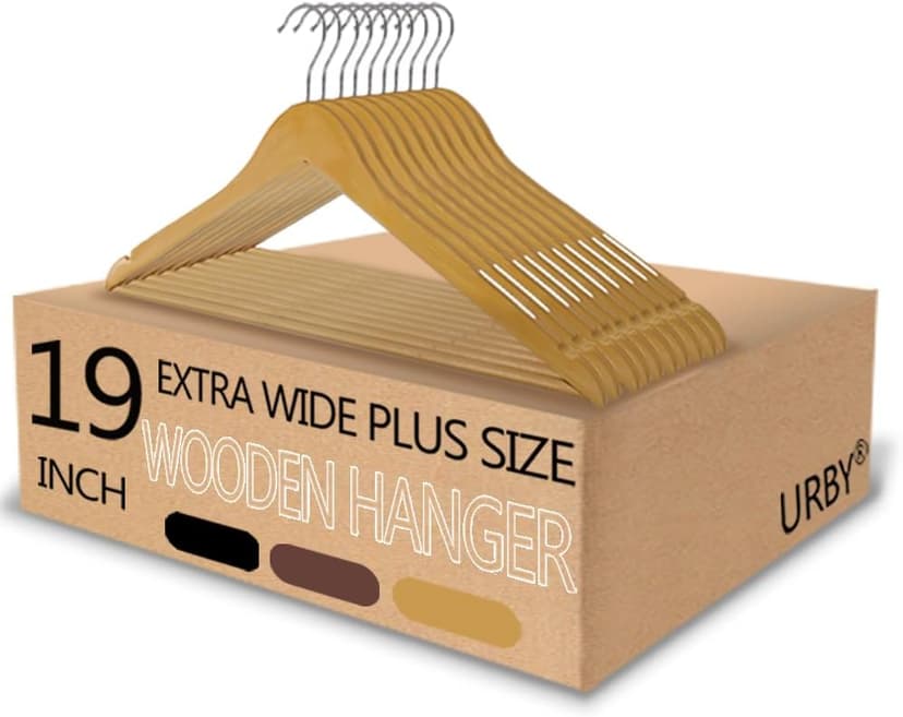 Urby Extra Wide Hangers for Plus Size Clothes, Ganchos para Colgar Ropa,19 Inch Plus Size Hangers Ideal for XL, XXL Shirts, Coats, Dresses, Etc. Wood. Natural 10pk
