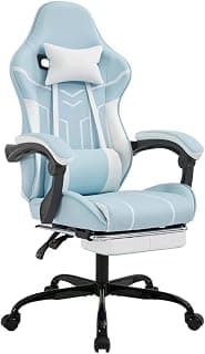 Gaming Desk Chair for Adults, Ergonomic Gaming Chair with Footrest & Headrest and Lumbar Support, Leather Material Height Adjustable Computer Video Game Chairs (Blue+White)