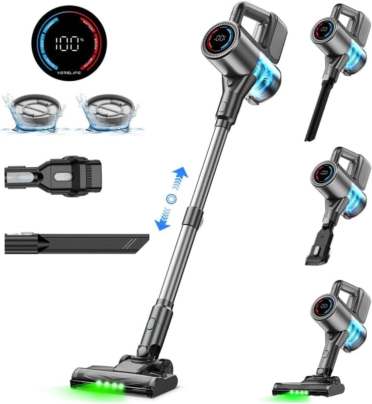 Cordless Vacuum Cleaner, 500W/40KPA Lightweight Stick Vacuum up to 40 mins Runtime, LED Display and Green Headlights, 6-Stages Filtration, Self-Standing Vacuum for Home Hard Floor, Carpet and Pet Hair