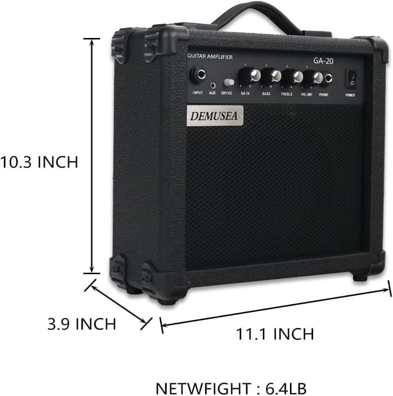 Demusea Electric Guitar Amplifier 20w Guitar Amp Practice Small Portable Travel Mini with Headphone Jack Aux Distortion Gain Treble Bass Volume Jack with 3 Meters Cable Audio Adapter Guitar Picks