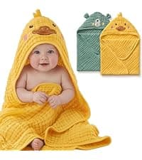 Blissful Diary Muslin Baby Hooded Towel 2 Pack, Soft & Absorbent Bath Towel for Infant, Toddler, Unisex, Baby Gift, Newborn Essentials, Bear & Lamb B0FQ9ZT37D