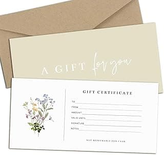 Blank Gift Certificates with Envelopes, 3.5" x 7.25" Blank Gift Certificates for Business, Salon, Spa, Birthday, Mother’s Day or Holiday Gifting, 25 Custom Cards (Floral)