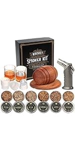 Whiskey Smoker Kit with Torch - 6 Flavors Wood Chips, 2 Glasses, 2 Ice Ball Molds - Cocktail Smoker Infuser Kit, Old Fashioned Drink Smoker Kit, Birthday Bourbon Whiskey Gifts for Men,Dad(NO Butane)