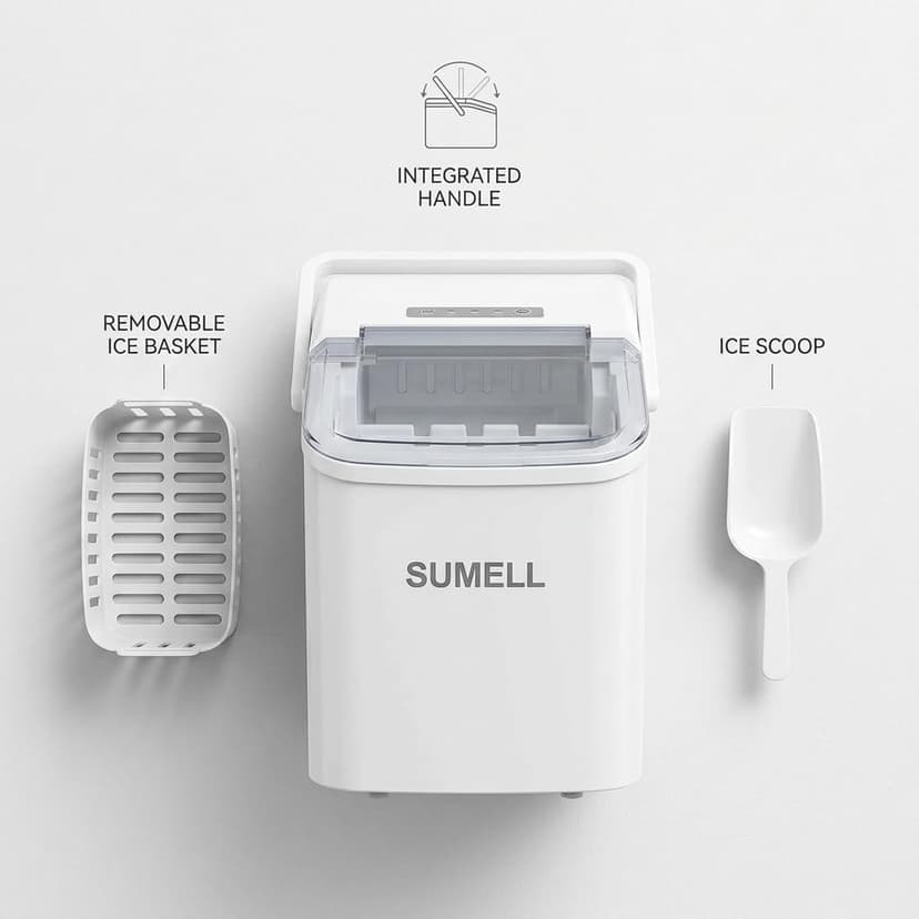 SUMELL Countertop Ice Maker with Handle, 26lbs/24H Portable Ice Machine, Bullet Ice Maker for Home, Kitchen, Camping & Bar