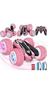 Remote Control Car, 2.4GHz RC Stunt Car, Double Sided 360° Rotating RC Cars with LED Headlight & LED Wheel, High Speed Off Road RC Crawler Xmas Gift for 3 4 5 6 7 8-12 Year Old Girls Toys (Pink)