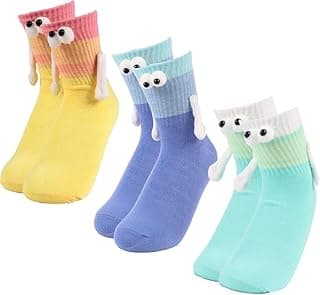 HOZMSA 3 Pair Hand Holding Socks, Funny 3D Doll Magnetic Sock Holding Hand Socks, Cute Mid-Tube Magnetic Gifts for Friend Couple B