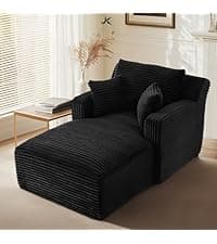 Oversized Chaise Lounge Chair Indoor, 67" Boneless Chaise Lounge with Extra Deep Seat, Comfy Corduroy Upholstered Sleeper Sofa Bed, Cozy Fluffy Single Sofa Armchair for Living Room, Black