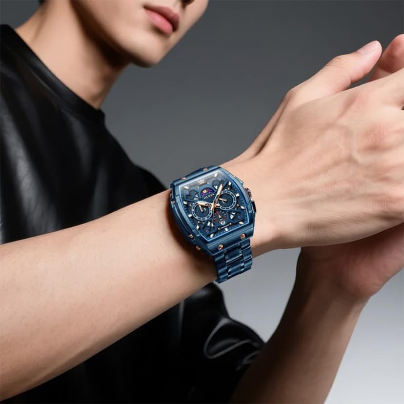 OLEVS Watches for Men Analog Quartz Luxury Diamond Waterproof Chronograph Stainless Steel Big Face Square Date Moon Phase Roman Numeral Dress Watch for Men