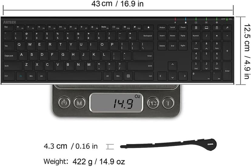 Arteck 2.4G Wireless Keyboard Stainless Steel Ultra Slim Full Size Keyboard with Numeric Keypad for Computer/Desktop/PC/Laptop/Surface/Smart TV and Windows 10/8/ 7 Built in Rechargeable Battery