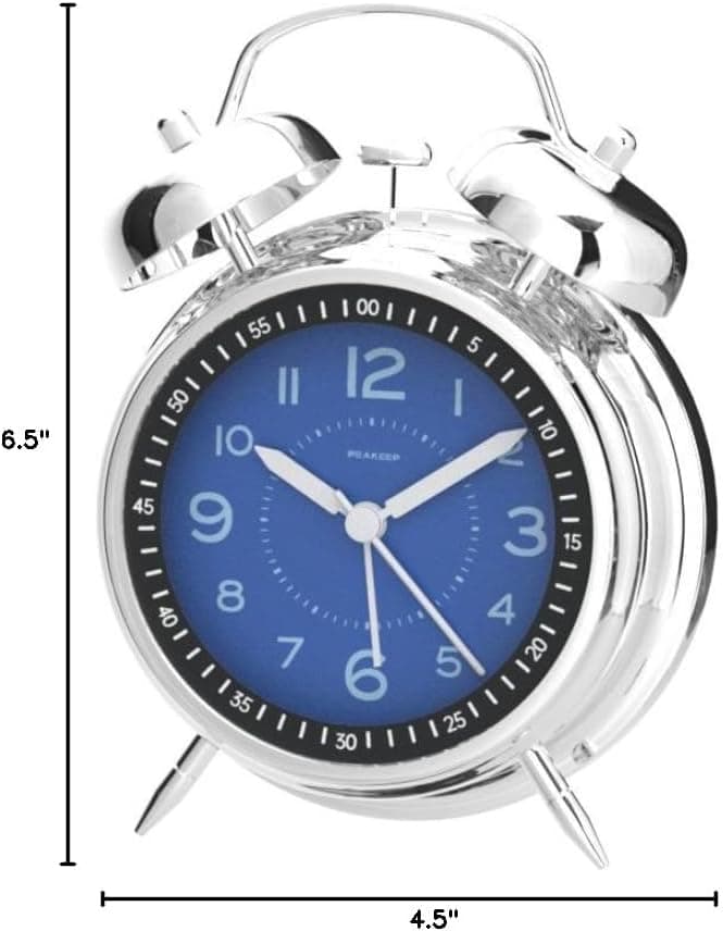 Peakeep Loud Alarm Clock for Heavy Sleepers Adults, Metal 4.5 Inches Twin Bell Battery Operated Analog Alarm Clocks for Bedrooms Decoration (Jewel Blue)